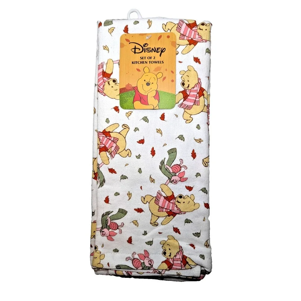 Disney Winnie The Pooh and Piglet Kitchen Towels Autumn Leaves 2-pc Holiday NEW